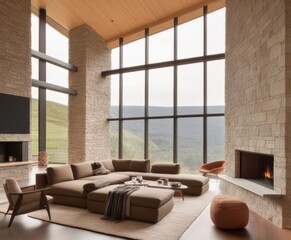 Modern living room with stone walls and large windows.
