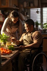 People with disabilities in a wheelchair perform daily tasks. Families with disabilities cook together, eat, communicate, laugh, showcasing the beauty of shared moments that transcend differences.