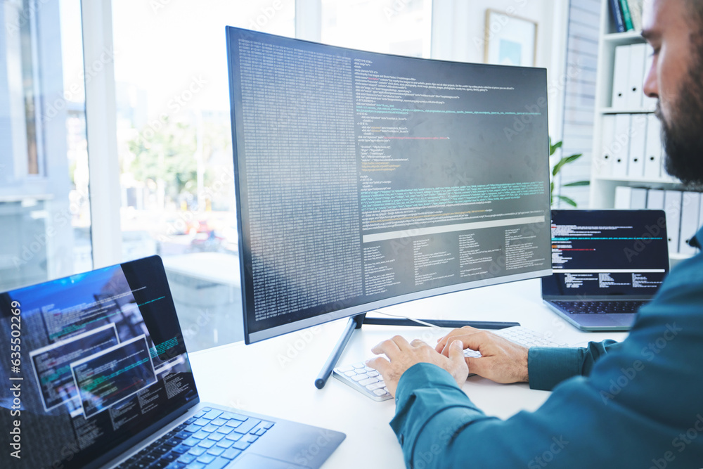 Poster Computer, programmer or technician man for coding, software script or cyber security in office. Behind IT engineer person with technology for programming, future ui and data analytics or innovation