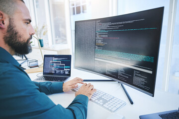 Programmer, technician man and computer code for software script or cyber security in office. IT...