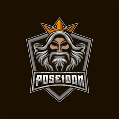 Poseidon King Mascot E-Sport Logo Design Vector Illustration Template