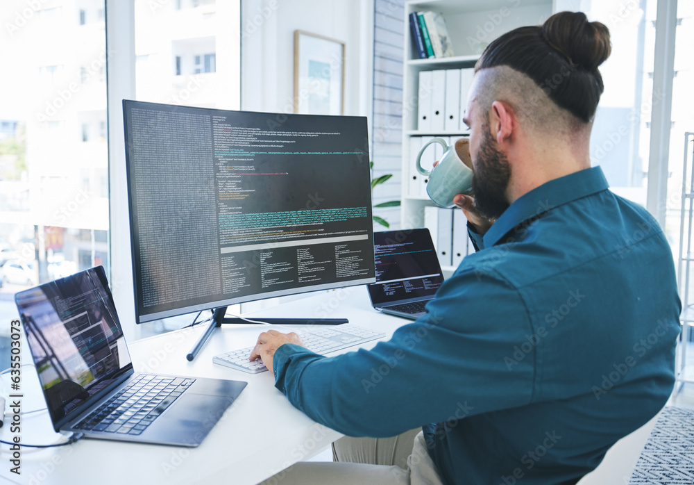 Poster Programmer, developer or man at computer for coding, software script or cyber security in office. Behind IT technician person with coffee and technology for programming, future and data analytics