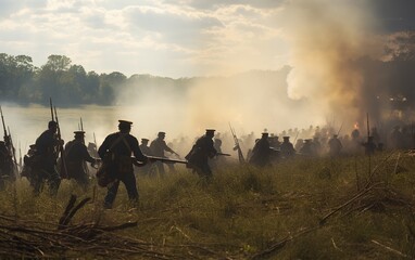 Epic Confrontation: Union vs Confederate at Gettysburg's Smoky Horizon - obrazy, fototapety, plakaty