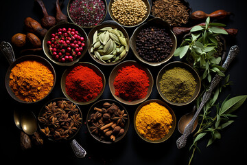 Top views spices in spoon on black background