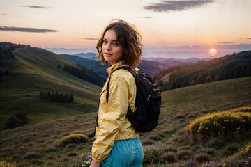 Naklejka premium young woman with backpack walking in mountain meadow landscape during sunset