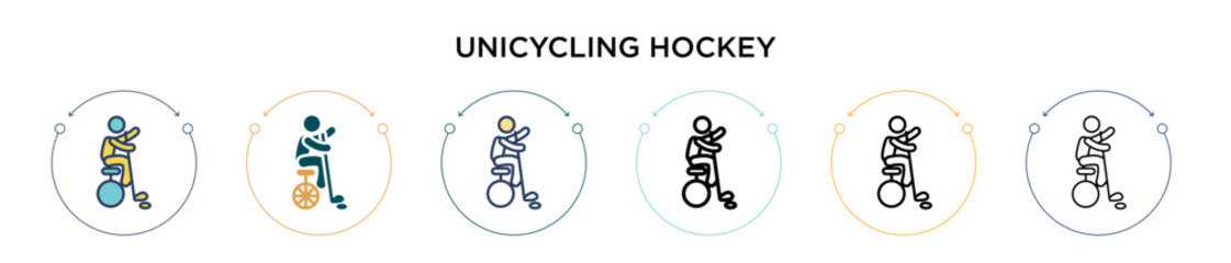 Unicycling hockey icon in filled, thin line, outline and stroke style. Vector illustration of two colored and black unicycling hockey vector icons designs can be used for mobile, ui, web