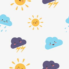 Seamless pattern. Weather in kawaii style. Illustration for children's wallpapers and fabrics.