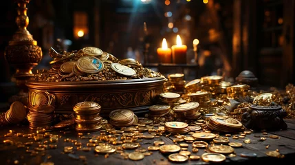 Foto op Canvas Glowing Treasure in a room with piles of gold. Steampunk © Yuliia