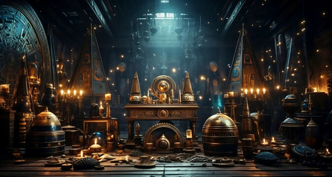 Treasure of ancient egypt.
Image of inside an ancient Egyptian pyramid, with various artifacts on the ground and heliographs on the walls.