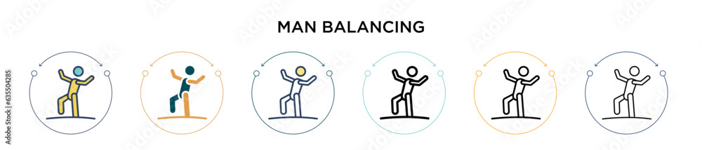Poster man balancing icon in filled, thin line, outline and stroke style. vector illustration of two colore