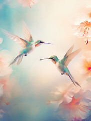 Abstract hummingbirds floral background, calm, peaceful, painterly, wallpaper, printed, poster 