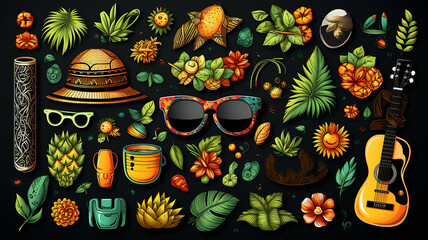 Set of summer bright tropical design elements, Generative AI.