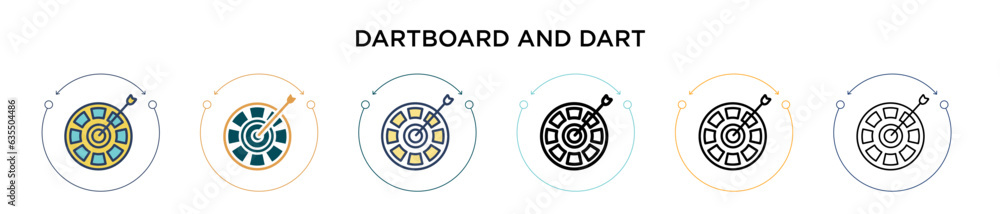Poster dartboard and dart icon in filled, thin line, outline and stroke style. vector illustration of two c