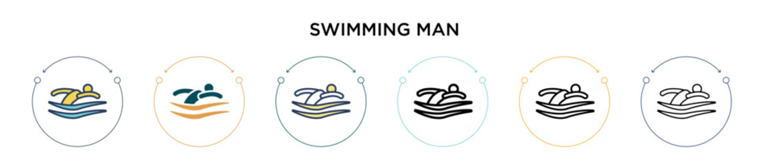 Swimming man icon in filled, thin line, outline and stroke style. Vector illustration of two colored and black swimming man vector icons designs can be used for mobile, ui, web