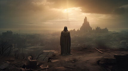 scene of the savior of the world stands in the midst of the apocalyptic ruin city