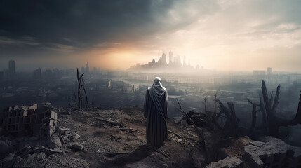 scene of the savior of the world stands in the midst of the apocalyptic ruin city.