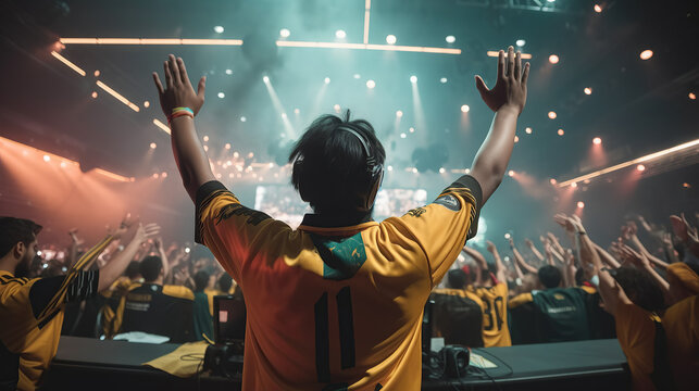 A fan surrounded by a jubilant crowd of fans who festively raised their hands and watched the game. esports competition. generate ai