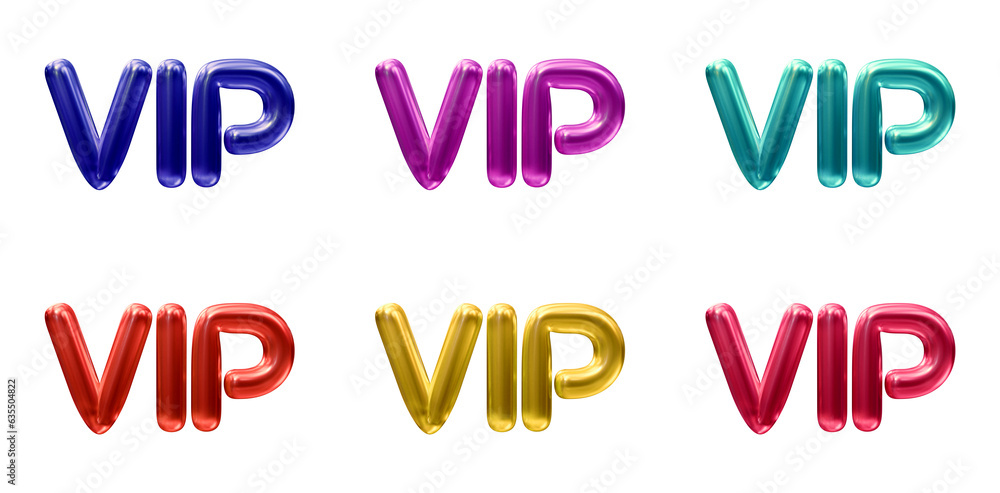 Aufkleber set of vip text in 3d rendering isolated on transparent background for business, rich and royal conc