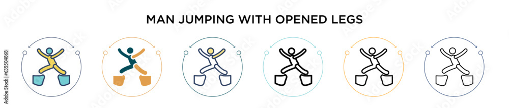 Poster man jumping with opened legs icon in filled, thin line, outline and stroke style. vector illustratio