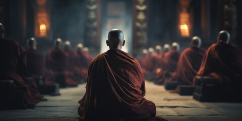 Zen monks practicing meditation in temple or monastery for spiritual enlightenment - obrazy, fototapety, plakaty