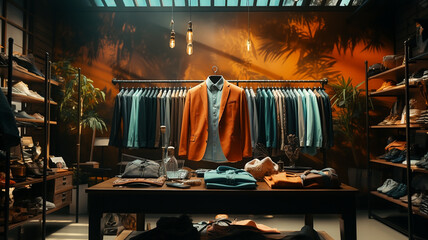 Stylish men's clothes in shop, Generative AI. - obrazy, fototapety, plakaty