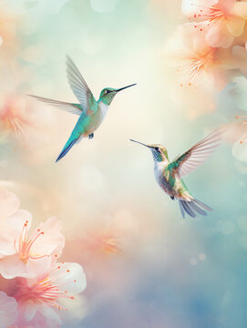 Abstract hummingbirds floral background, calm, peaceful, painterly, wallpaper, printed, poster 