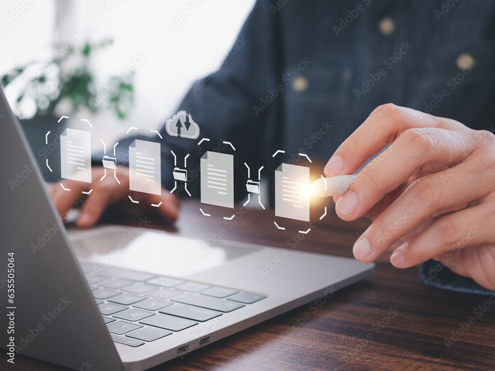 Poster businessman working on laptop show virtual screen icon document management system (dms) working in t