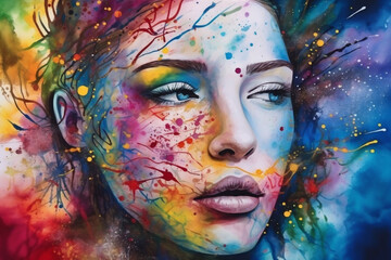 lip woman style illustration colourful beauty watercolor artist face art portrait. Generative AI.