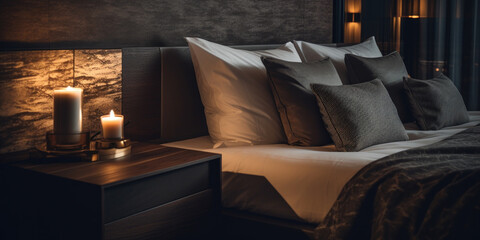 Luxury hotel room with elegant king size bed and soft cushions in dark muted colors