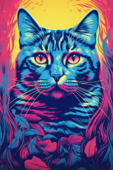 Colorful silk-print cat illustration made with Generative AI 
