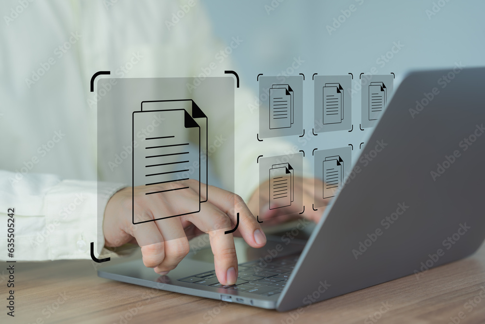 Aufkleber Businessman use a computer laptop to manage digital documents, document management concepts, online document database and digital file storage, database technology, and recording software.