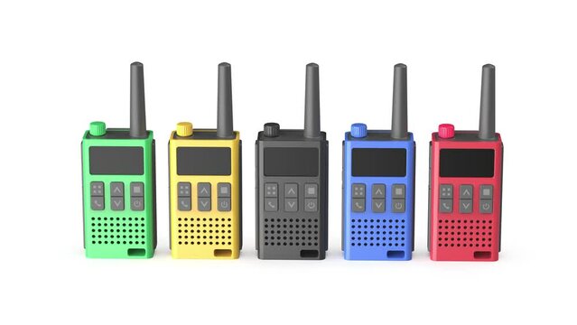 Row with five walkie-talkies with different colors