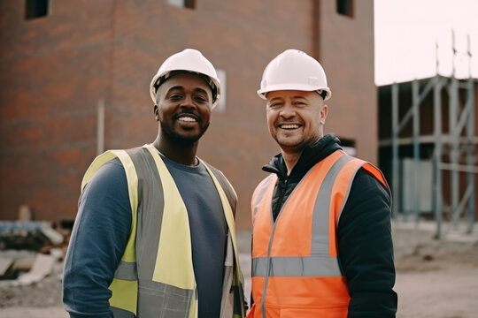 Starkes Team, zwei Arbeiter unterschiedlicher Nationalität auf einer Baustelle