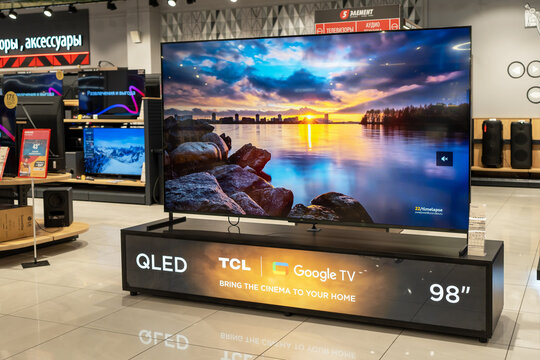 TV brand TCL, large size 98 inches sold in an electronics store. Minsk, Belarus, august 15, 2023
