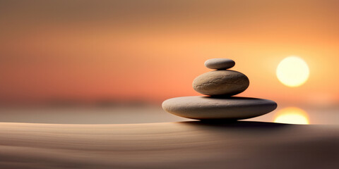 Zen background with stacked stone pebbles in water with warm sunlight