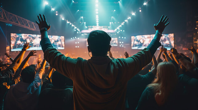 A fan surrounded by a jubilant crowd of fans who festively raised their hands and watched the game. esports competition. generate ai