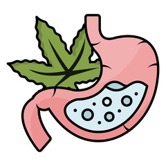 cannabinoids inhibit gastric acid secretion concept, reducing abdominal pain using Hemp vector icon design, Cannabis and marijuana symbol, thc and cbd sign, recreational herbal drug stock illustration
