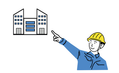 工事現場で働く男女とビル群