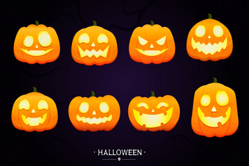Set pumpkins Halloween and Elements with face smiles on black background.f or your design. for the holidays halloween.Vector illustration.