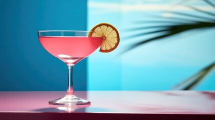 Pink cocktail with lemon wedge sitting on the pool table