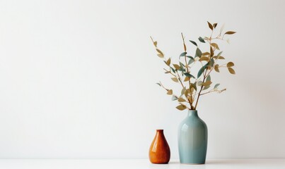 Beautiful eucalyptus flower in ceramic vase on white background. Minimalist interior decor with copy space
