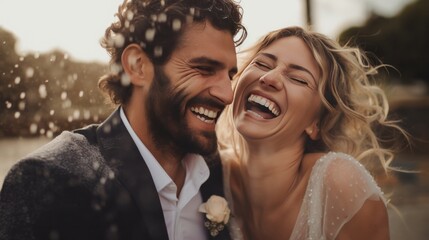 Brides and grooms smiling, with water drops thrown