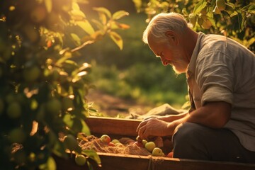 Naklejka na ściany i meble A man bring apples on an apple tree at sunrise