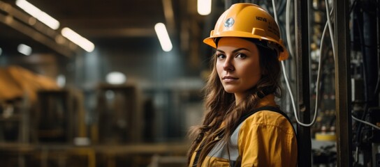 A woman wearing hard hat and protective jacket stands in the electric wires of a power station working.