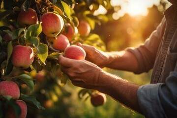 A man bring apples on an apple tree at sunrise
