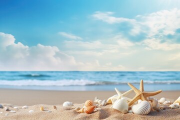 Fototapeta na wymiar Beach with seashells and starfish and sky
