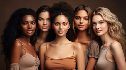 Fototapeta premium Portrait of Many Attractive Female Fashion Models with Great Skincare: A portrait of many attractive female fashion models with great skincare, representing the beauty of all races, tones, and styles