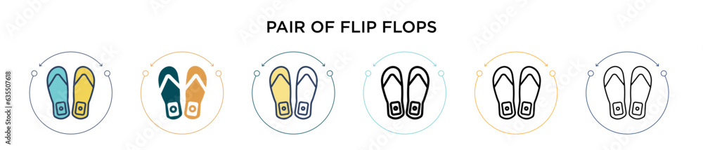 Poster pair of flip flops icon in filled, thin line, outline and stroke style. vector illustration of two c
