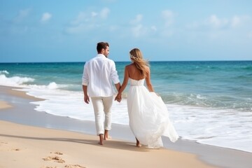 Fototapeta na wymiar Couple dressed in white walking on the beach