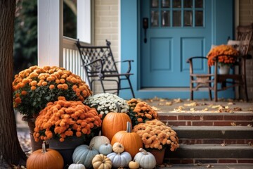 Front door with fall decor, pumpkins and autumn themed decorations